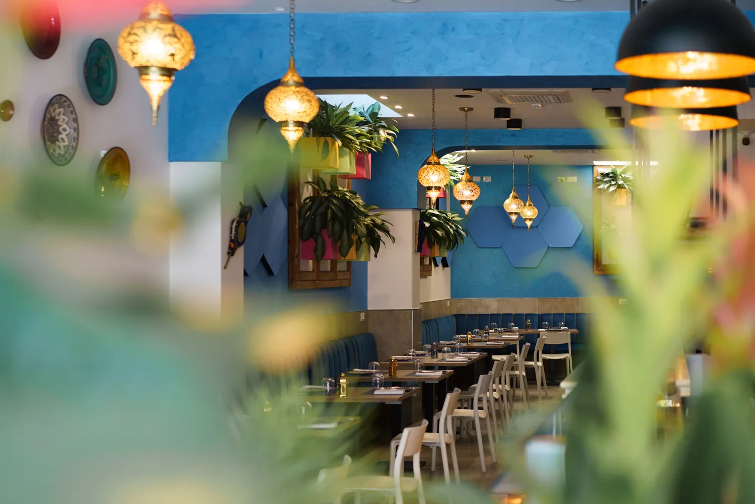 Atmosfera della sala tra luci calde e dettagli vegetali